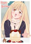  2girls ahoge black_shirt blonde_hair border brown_eyes cho_kaguya-hime! commentary_request female_pov food fruit highres kaguya_(cho_kaguya-hime!) long_hair mikage_tsuki multiple_girls open_mouth pancake pink_nails pov sakayori_iroha shirt solo_focus souffle_pancake strawberry translated white_border 