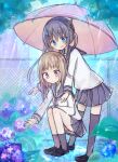  2girls amakaze_sora black_shoes blue_eyes blue_flower blush brown_hair chain-link_fence closed_mouth commentary_request fence flower grey_hair grey_sailor_collar grey_skirt grey_socks grey_thighhighs loafers long_hair long_sleeves multiple_girls neckerchief open_mouth original pink_neckerchief pink_umbrella pleated_skirt puffy_long_sleeves puffy_sleeves purple_eyes purple_flower rain sailor_collar school_uniform serafuku shared_umbrella shirt shoes skirt socks squatting standing thighhighs twintails umbrella very_long_hair white_shirt 