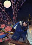  blue_hair branch cherry_blossoms closed_eyes flower full_moon japanese_clothes katana male_focus mikazuki_munechika moon penguin_frontier profile sayagata seiza sitting sky solo star_(sky) starry_sky sword touken_ranbu tree weapon 