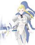  blonde_hair bodysuit braid claymore claymore_(sword) collarbone highres nipa_(two_percent) ophelia pauldrons pointy_ears shadow silver_eyes solo 