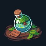  black_background bottle commentary cork english_commentary english_text glass_bottle highres leaf lily_pad mud no_humans nop_(nop_pixels) original pixel_art scenery tree water 