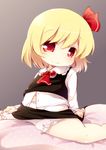  ascot blonde_hair bloomers blush hair_ribbon highres matatabi_(nigatsu) navel red_eyes ribbon rumia short_hair smile solo touhou underwear 