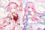  2girls absurdres aqua_hair beret breasts chinese_commentary color_connection commentary_request commission cyrene_(demiurge)_(honkai:_star_rail) cyrene_(honkai:_star_rail) diamond-shaped_pupils diamond_(shape) dress earrings elf elysia_(hi_love_elf)_(honkai_impact) elysia_(honkai_impact) english_text flower gloves hair_color_connection hair_flower hair_ornament hat heart heart_earrings heic-to-png_conversion highres honkai:_star_rail honkai_(series) honkai_impact_3rd inoue_marina jewelry long_hair looking_at_viewer m_youyu_y medium_breasts multicolored_hair multiple_girls pink_hair planet_earrings pointy_ears purple_eyes red_dress single_glove smile symbol-shaped_pupils two-tone_dress very_long_hair voice_actor_connection white_dress white_gloves white_hair yanning zoom_layer 