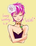  bare_shoulders breasts character_name choker cleavage closed_eyes dated flower hair_flower hair_ornament happy_birthday jojo_no_kimyou_na_bouken lipstick maka_(decnove) makeup pearl_earrings pink_hair pink_lipstick short_hair small_breasts smile solo trish_una twitter_username upper_body vento_aureo 