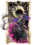  1girl absurdres black_dress brown_hair card_(medium) colored_extremities commentary commission crescent dress english_commentary feather_hair_ornament feathers frilled_dress frills full_moon hair_ornament halter_dress halterneck highres honkai_(series) honkai_impact_3rd leylah_(honkai_impact) long_hair looking_up moon multicolored_hair pink_lips red_eyes see-through_cleavage see-through_clothes solo streaked_hair tarot tarot_(medium) very_long_hair yeonpoppu 