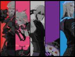  2girls 3boys animal_ears ark_angel ark_angel_ev ark_angel_gk ark_angel_hm ark_angel_mr ark_angel_tt armor beard black_armor black_border border cat_ears cat_girl clenched_teeth colored_skin column_lineup commentary_request elf elvaan facial_hair fang final_fantasy final_fantasy_xi frown galka grey_hair grey_skin hume long_pointy_ears looking_at_viewer medium_hair mi_mi_zo mithra_(ff11) multiple_boys multiple_girls pointy_ears red_eyes short_hair smile tarutaru tearing_up teeth 