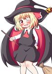  ;d broom fang hair_ribbon halloween halloween_costume hat highres one_eye_closed open_mouth pumpkin red_eyes ribbon rumia shirt short_hair skirt smile solo touhou vest witch witch_hat yakumo_nanahara 