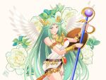  1girl arm_shield armlet breasts circlet commentary_request cowboy_shot dated gold_armlet green_eyes green_hair holding holding_staff jewelry kid_icarus kid_icarus_uprising long_hair looking_at_viewer nicoleezawa palutena pendant solo staff very_long_hair white_wings wings 
