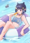  1girl absurdres alternate_costume bikini blue_eyes blunt_bangs blush breasts collar collarbone commentary fang feet_out_of_frame flower food frilled_bikini frills grey_background grey_bikini hair_flaps hair_flower hair_ornament highres holding holding_food holding_popsicle hololive hololive_english looking_at_viewer lying medium_hair megumajier metal_collar midriff navel ninomae_ina'nis ninomae_ina'nis_(holonatsu_paradise) on_back open_mouth pointy_ears popsicle purple_hair small_breasts solo swim_ring swimsuit takodachi_(ninomae_ina'nis) teeth virtual_youtuber water 