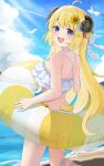  1girl absurdres ahoge bare_arms bare_back bare_legs bare_shoulders barefoot beach bikini bird blonde_hair blue_sky blush breasts cloud cloudy_sky commentary fingernails flower hair_flower hair_ornament hairband highres holding holding_swim_ring hololive horns inflatable_toy innertube legband leo_(f_mmmnkm_paint) long_hair looking_back medium_breasts mountain mountainous_horizon ocean on_innertube open_mouth purple_eyes seagull sheep_girl sheep_horns sheep_tail sky smile solo standing striped_innertube sunflower sunflower_hair_ornament swim_ring swimsuit tail teeth thighs tsunomaki_watame tsunomaki_watame_(floatie_float_time) untranslatable_commentary upper_teeth_only virtual_youtuber water water_drop white_bikini 