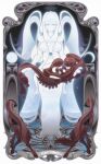  1girl absurdres azurec66 blue_eyes breasts colored_skin commentary creature dress english_commentary full_body highres lobster long_hair looking_at_viewer medium_breasts original solo straight-on tarot the_moon_(tarot) white_dress white_hair white_skin 