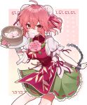  1girl ahoge bamboo_steamer bandaged_arm bandages blush breasts bun_cover chain commentary_request cuffs double_bun flower food fruit green_skirt hair_between_eyes hair_bun highres holding holding_tray ibaraki_kasen looking_at_viewer medium_breasts medium_hair mouth_hold peach pink_eyes pink_flower pink_hair pink_rose puffy_short_sleeves puffy_sleeves red_tabard ribbon-trimmed_skirt ribbon_trim rose samon_(vxxr8575) shackles shirt short_sleeves skirt solo tabard touhou tray white_shirt 
