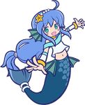  ;d ahoge aqua_eyes blue_hair blush_stickers fins full_body hair_ornament long_hair low-tied_long_hair lowres mermaid monster_ears monster_girl navel non-web_source one_eye_closed open_mouth outstretched_arms puyopuyo_quest seriri_(puyopuyo) smile solo transparent_background very_long_hair 