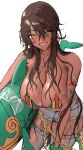  1girl absurdres andromeda_(fate) andromeda_(second_ascension)_(fate) bare_shoulders bikini blush bracelet braid breasts brown_hair chain chaldea_nankai_dai_kessen cleavage commentary_request criss-cross_halter cross-laced_clothes crown_braid dark-skinned_female dark_skin denim fate/grand_order fate_(series) green_eyes grey_pants grin halterneck highres inflatable_toy jeans jewelry large_breasts long_hair looking_at_viewer multicolored_bikini pants rainbow_bikini shiroshisu smile solo swimsuit thighs wet 