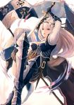  ahoge arm_up armor armored_dress bangs belt blonde_hair blue_eyes blurry breasts cleavage d: depth_of_field dress flag flower gauntlets granblue_fantasy hair_between_eyes hair_flower hair_ornament hairband highres holding holding_sword holding_weapon jeanne_d'arc_(granblue_fantasy) large_breasts lily_(flower) long_hair long_sleeves open_mouth pip_(red_juice1869) purple_dress sheath simple_background solo sword thigh_strap unsheathed v-shaped_eyebrows weapon white_background 
