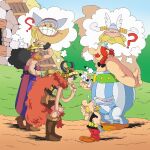 5boys ? asterix asterix_and_obelix beard black_bow black_hair blonde_hair bow braid brogy_(one_piece) cape crossover dog east-west_crossover facial_hair fake_horns helmet highres horned_helmet horns idefix looking_at_another male_focus monkey_d._luffy multiple_boys mustache obelix olaf_timandahaf one_piece orange_cape pants red_hair short_hair speech_bubble striped_clothes striped_pants sword thought_bubble twin_braids two-tone_pants uname9908 usopp vertical-striped_clothes vertical-striped_pants weapon winged_helmet 