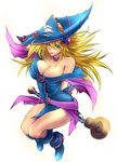  adjusting_clothes adjusting_hat bare_shoulders blonde_hair blue_footwear blush_stickers boots bracer breasts choker cleavage commentary_request dark_magician_girl duel_monster fingerless_gloves full_body gloves green_eyes hat large_breasts long_hair looking_at_viewer pentacle smile solo staff thighs white_background wizard_hat yamaneko yuu-gi-ou yuu-gi-ou_duel_monsters 