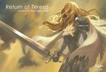  2014 armor artist_name benji23 blonde_hair cape character_name claymore claymore_(sword) dated english long_hair pauldrons signature solo sword teresa_(claymore) text_focus watermark wavy_hair weapon web_address 