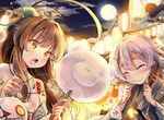  ahoge bag bow brown_eyes brown_hair closed_eyes cloud commentary_request cotton_candy eating fang festival fish floral_print full_moon goldfish hair_bow huge_ahoge japanese_clothes kakao_rantan kantai_collection kimono kuma_(kantai_collection) lantern moon multiple_girls night open_mouth silver_hair sky tama_(kantai_collection) yukata 