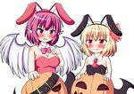  :d animal_ears annoyed bird_ears bird_wings blonde_hair blush breast_envy breasts bunny_ears bunnysuit cleavage eating fang fang_out flat_chest hair_ribbon jack-o'-lantern multiple_girls mystia_lorelei open_mouth pink_eyes pink_hair puffy_cheeks red_eyes ribbon rumia smile sweatdrop touhou wavy_mouth wings yakumo_nanahara 