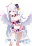  1girl absurdres ahoge angel_wings arms_behind_back azusa_(blue_archive) azusa_(swimsuit)_(blue_archive) bead_necklace beads bikini bikini_skirt blue_archive blush breasts chinese_commentary commentary_request crescent_halo feathered_wings flower food-themed_hair_ornament hair_between_eyes hair_flower hair_ornament halo highres jewelry long_hair mou_buzhiming_huashi navel necklace official_alternate_costume orange_hair_ornament parted_lips pink_bikini purple_eyes purple_flower ruffle_bikini simple_background small_breasts solo strapless strapless_bikini swimsuit watermelon_hair_ornament white_background white_hair white_wings wings yellow_halo 
