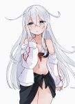  1girl bikini black_bikini black_sarong blue_eyes blush bow breasts collarbone commentary_request cosplay cowboy_shot double-parted_bangs hair_between_eyes hibiki_(kancolle) highres jacket kantai_collection long_hair long_sidelocks long_sleeves looking_at_viewer mia_umauma navel open_clothes open_jacket parted_lips red_bow sarong shigure_(kancolle) shigure_(kancolle)_(cosplay) shigure_kai_ni_(kancolle) shigure_kai_ni_(kancolle)_(cosplay) shigure_kai_ni_(swimsuit)_(kancolle) sidelocks simple_background sleeves_past_wrists small_breasts solo standing stomach swimsuit thigh_gap thighs very_long_hair white_background white_hair white_jacket 