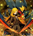  blonde_hair garchomp gen_4_pokemon hair_over_one_eye long_hair mega_garchomp mega_pokemon pokemon pokemon_(creature) pokemon_(game) pokemon_dppt shirogane_yu shirona_(pokemon) very_long_hair 