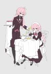  2boys ahoge animal_ears ansel_(arknights) ansel_(nighttime_cafe)_(arknights) apron arknights ascot baoshi_xiao_niao bell black_boots black_coat black_dress black_pants boots buttons cake clone coat commentary crossdressing crossdressing_(mtf) cup dated double-breasted dress drinking enmaided flat_color floppy_ears food frown full_body gloves hand_up highres holding holding_bell holding_cup holding_tray knee_boots letter long_sleeves looking_at_viewer lop_rabbit_ears maid maid_headdress male_focus multiple_boys pants pink_hair pink_ribbon rabbit_ears red_ascot red_eyes ribbon round_table saucer short_hair simple_background sitting smile striped_clothes striped_dress striped_pants table tablecloth teacup teapot tiered_tray tray unfinished untranslatable_commentary vertical-striped_clothes vertical-striped_dress vertical-striped_pants waist_apron white_apron white_background white_gloves 