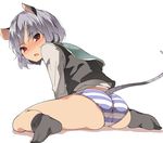  animal_ears ass black_legwear blush eyebrows eyebrows_visible_through_hair from_behind full-face_blush full_body grey_hair hasebe_yuusaku long_sleeves looking_at_viewer looking_back mouse_ears mouse_tail nazrin no_pants open_mouth panties red_eyes shirt short_hair simple_background sitting socks solo striped striped_panties sweatdrop tail touhou underwear vest wariza white_background 