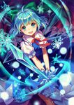  :d ahoge blue blue_dress blue_eyes blue_hair cirno crystal_sword dress dutch_angle fairy happy holding holding_sword holding_weapon ice ice_wings magic mirror_(xilu4) open_mouth puffy_short_sleeves puffy_sleeves ribbon short_hair short_sleeves smile snowflakes solo sparkle sword touhou weapon wings 