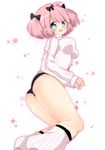  1girl :3 absurdres bad_id bad_pixiv_id blue_eyes blush bow breasts buruma hair_bow hibari_(senran_kagura) highres jacket large_breasts looking_at_viewer looking_back open_mouth pink_hair seitarou senran_kagura senran_kagura_shoujo-tachi_no_shin'ei short_hair short_twintails solo symbol-shaped_pupils track_jacket twintails 