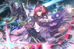  1girl absurdres arm_armor bare_shoulders breasts cleavage commentary_request cowboy_shot dark_skin dress fingernails grey_hair hair_intakes hair_ornament hat highres hir0nohir0 holding holding_weapon large_breasts long_fingernails long_hair medium_hair pink_eyes pink_hair purple_hair purple_hands pyrois_(zenless_zone_zero) remielle_dan short_hair smile thighhighs turning_head weapon white_dress white_wings wings zenless_zone_zero 