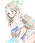  1girl absurdres bare_shoulders bikini blue_archive blush bow breasts ekaki_no_mime frills grey_bikini grey_hair hair_bow halo highres long_hair looking_at_viewer miyo_(blue_archive) parted_lips plaid_bikini plaid_clothes solo swimsuit yellow_eyes 