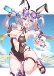  1girl absurdres animal_ears bare_shoulders black_one-piece_swimsuit blush breasts cleavage commentary detached_collar detached_sleeves eyewear_on_head fake_animal_ears fate/grand_order fate_(series) glass_bottle grey_hair hair_between_eyes hair_ornament hair_rings hairclip highleg highleg_one-piece_swimsuit highres huyan_zhuo_(fate) huyan_zhuo_(swimsuit_berserker)_(fate) large_breasts long_hair looking_at_viewer low_twintails navel necktie one-piece_swimsuit open_mouth pipin_try plunging_neckline purple_eyes ramune sandals smile solo sunglasses swimsuit thigh_strap thighs twintails very_long_hair 