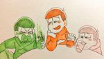  blush blush_stickers brothers cup drinking drunk heart heart_in_mouth hood hoodie male_focus marker_(medium) matsuno_choromatsu matsuno_osomatsu matsuno_todomatsu multiple_boys nnbn osomatsu-kun osomatsu-san siblings sitting traditional_media upper_body wavy_mouth 