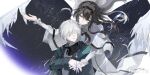  1girl 1other arknights black_hairband black_jacket brown_hair chinese_commentary closed_eyes coat commentary_request doctor_(anime)_(arknights) doctor_(arknights) hairband highres holding_hands jacket koroy lab_coat long_hair looking_down priestess_(arknights) purple_eyes shirt shooting_star short_hair sidelocks simple_background smile sparkle starry_sky_print white_background white_coat white_hair white_shirt wings 