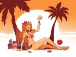  1girl ^_^ alt_text american_flag american_flag_bikini american_flag_print arm_support artist_name backlighting barefoot bikini blonde_hair breasts closed_eyes commentary dated english_commentary flag_print flag_print_bikini flat_color flower hair_flower hair_ornament highres long_hair medium_breasts mikemaihack navel original overexposure palm_tree parted_lips print_bikini seashell shell sitting solo starfish sunset swimsuit tree waving 