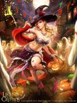  2013 armband bare_shoulders basket beer_mug blonde_hair blue_eyes breasts cleavage confetti copyright_name curly_hair earrings flower ghost_costume hands_up hat hat_flower highres jack-o'-lantern jewelry kazuhiro_oya large_breasts leg_up legend_of_the_cryptids long_hair midriff moon navel necklace ring rose sign solo_focus string_of_flags witch 