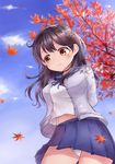  absurdres arms_behind_back autumn_leaves blue_skirt blue_sky brown_eyes brown_hair cardigan day eyelashes falling_leaves from_below highres jacket kantai_collection leaf looking_away navel neit_ni_sei open_cardigan open_clothes open_jacket panties pantyshot pleated_skirt sailor_collar school_uniform shade shirt skirt sky solo standing underwear ushio_(kantai_collection) wavy_mouth white_panties white_shirt 