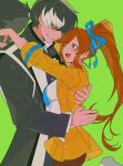  0ni91ri 1boy 1girl :d ;d ace_attorney athena_cykes black_hair black_jacket blue_bow blue_necktie blush bow breasts brown_pantyhose commentary_request crescent crescent_earrings cropped_jacket earrings green_background grey_hair hair_between_eyes hair_bow highres hug jacket jewelry korean_commentary leg_up long_hair long_sleeves medium_breasts multicolored_hair necktie one_eye_closed open_clothes open_jacket orange_hair pantyhose ponytail side_ponytail simon_blackquill single_earring skirt smile two-tone_hair very_long_hair yellow_jacket yellow_skirt 