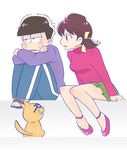  1girl bad_id bad_twitter_id black_hair blush brown_hair cat esper_nyanko glasses hair_ribbon hairband hetero hood hoodie leg_hug looking_away low_twintails matsuno_ichimatsu messy_hair osomatsu-kun osomatsu-san pants ribbon short_twintails single_vertical_stripe sitting skirt smile sweat track_pants turtleneck twintails yowai_totoko 