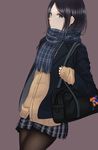  bag black_hair black_legwear blue_eyes blush cardigan enpera eyebrows_visible_through_hair highres long_hair looking_at_viewer mole mole_under_eye original pantyhose plaid plaid_scarf plaid_skirt saitou_(lynx-shrike) scarf school_bag school_uniform simple_background skirt sleeves_past_wrists solo 