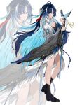  1girl absurdres bird bird_on_hand black_boots black_dress blue_bird blue_eyes blue_hair boots breasts bright_moon cleavage closed_mouth colored_inner_hair commentary_request dress hands_up highres holding holding_sword holding_weapon jacket long_sleeves looking_at_viewer medium_breasts multicolored_hair parted_bangs standing sword tacet_mark_(wuthering_waves) weapon white_jacket wide_sleeves wuthering_waves yangyang_(wuthering_waves) yangyang_(xuanling)_(wuthering_waves) zoom_layer 