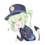  1girl :d absurdres armor blue_archive blue_armor blue_hat blue_jacket blush commentary demon_tail double-parted_bangs fang from_side gloves green_hair hair_between_eyes hat heart highres jacket long_hair long_sleeves looking_at_viewer mesugaki missing_halo nozomi_(blue_archive) open_mouth pfiff pointy_ears sidelocks simple_background skin_fang smile smug solo tail tail_wagging twintails upper_body white_background white_gloves yellow_eyes 