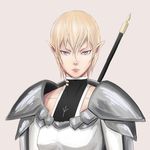  armor blonde_hair bodysuit cassandra_(claymore) claymore claymore_(sword) collarbone pauldrons pointy_ears short_hair shoulders silver_eyes solo sword sword_behind_back teresa_(rufael) weapon 