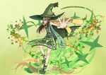  air_lian brown_hair cacturne cape foreshortening gen_3_pokemon green_cape hat highres one_eye_covered outstretched_hand personification pokemon scarf shoes solo spiked_shoes spikes witch_hat 