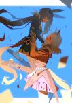  2girls ^_^ absurdres admire_vega_(starry_nocturne)_(umamusume) admire_vega_(umamusume) amane_hikari animal_ears black_hair black_pantyhose black_shoes black_skirt blonde_hair blue_background blue_dress blush carrying carrying_person closed_eyes commentary_request dress ear_covers ear_ornament gold_trim hair_ribbon highres horse_ears horse_girl horse_tail legs_up lifting_person long_hair long_sleeves looking_at_another low_ponytail medium_hair multiple_girls narita_top_road_(the_proud_road)_(umamusume) narita_top_road_(umamusume) necktie pantyhose parted_bangs pink_eyes ponytail purple_dress ribbon see-through_clothes see-through_sleeves shade shoes single_ear_cover skirt smile tail thigh_strap umamusume very_long_hair white_necktie white_ribbon wide-eyed yuri 