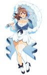  1girl :d absurdres asymmetrical_legwear black_shoes blue_dress blue_nails breasts brown_hair choker cleavage coattails curvy dress earrings echo_(vtuber) english_commentary floating_hair full_body hair_between_eyes hair_bun hand_on_own_chest high_heels highres holding holding_umbrella indie_virtual_youtuber jewelry large_breasts light_blush long_hair long_sleeves looking_at_viewer microphone parasol see-through_clothes see-through_sleeves shoes short_dress simple_background single_sock single_thighhigh smile socks solo standing straight_hair tailcoat thick_thighs thighhighs thighs tomatomagica two-tone_dress umbrella virtual_youtuber white_background white_choker white_dress white_socks white_umbrella wide_sleeves 