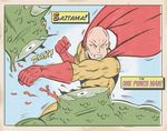  bald cape decapitation faux_traditional_media gloves highres male_focus merman monster_boy oldschool one-punch_man paintmarvels parody punching saitama_(one-punch_man) scales style_parody 