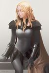  2015 armor blonde_hair bodysuit breasts cape claymore collarbone copyright_name dated highres lalita long_hair medium_breasts sitting solo teresa_(claymore) wavy_hair 